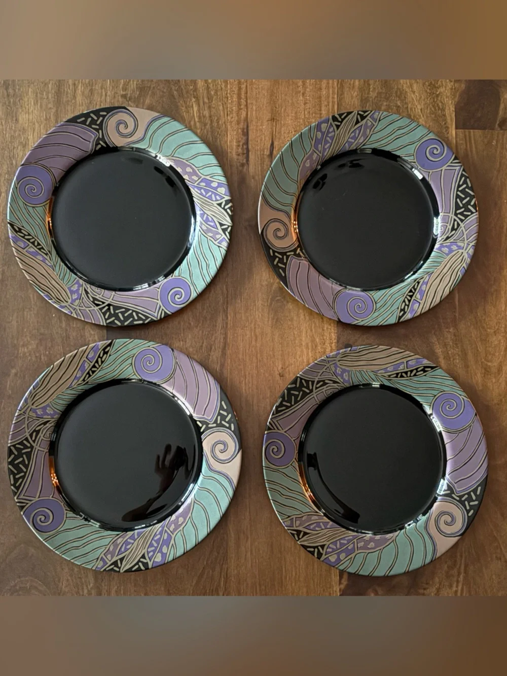 VTG Arcoroc “Tampico” 12 pc Black Plates & Saucer Set Abstract Purple Teal Rim